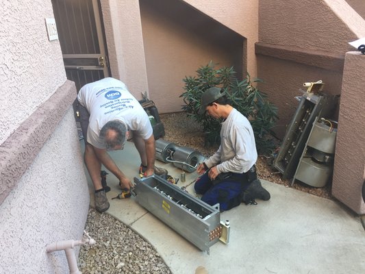 Electric Furnace Repair - Desert Comfort Mechanical provides electric furnace repair services for condos, townhomes, and multi-family residences throughout Scottsdale, Phoenix, and surrounding areas. We diagnose and repair common electric furnace issues including no heat, weak airflow, blower motor problems, failed heating elements, sequencer and relay issues, thermostat problems, electrical faults, tripped safeties, and worn components affecting performance and reliability.

These systems are common in many attached residential properties and often require careful troubleshooting to identify whether the issue is with the air handler, heat strips, controls, wiring, or airflow. Our technicians take the time to properly inspect the system, explain what they find, and recommend the repair that makes the most sense.

We do things differently: no salesmen, no gimmicks, and no BS assessments. Our mature, experienced technicians provide honest recommendations, quality workmanship, and clear communication. Desert Comfort Mechanical delivers straightforward electric furnace repair service to help keep condos, townhomes, and multi-family properties comfortable when heating issues arise.