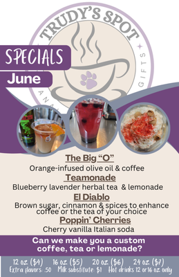 New Monthly Drink Specials! - Come try out the new drink specials for June!
We have the Big "O"- Orange infused olive oil latte with oat milk.
El Diablo latte- spice up your life with brown sugar, cinnamon, chili and spices coffee drink.
Stay cool with our refreshing drinks!
Blueberry Lavender Teamonade- Herbal tea and lemonade
Cherry Vanilla Cream Italian soda New Monthly Drink Specials! - Come try out the new drink specials for June!
We have the Big "O"- Orange infused olive oil latte with oat milk.
El Diablo latte- spice up your life with brown sugar, cinnamon, chili and spices coffee drink.
Stay cool with our refreshing drinks!
Blueberry Lavender Teamonade- Herbal tea and lemonade
Cherry Vanilla Cream Italian soda