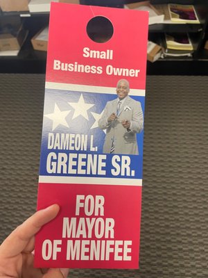 Political Doorhangers - We do Doorhangers of many different sizes, Coatings, and Color. Our Minimum order of Doorhangers is usually (250)QTY. Doorhangers are one of the most popular and effective traditional marketing methods small businesses can use to expand their footprint. We can put an existing design or we can come up with something original for the customer. This example we were able to help out this candidate for mayor. We took the design from another product we did for them, and we applied it to these doorhangers. Political Doorhangers - We do Doorhangers of many different sizes, Coatings, and Color. Our Minimum order of Doorhangers is usually (250)QTY. Doorhangers are one of the most popular and effective traditional marketing methods small businesses can use to expand their footprint. We can put an existing design or we can come up with something original for the customer. This example we were able to help out this candidate for mayor. We took the design from another product we did for them, and we applied it to these doorhangers.