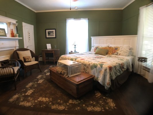 Room #3 The Carolina Jasmine Room - Named for the SC State Flower the Carolina Jasmine Room is the biggest and best room in the house. It has a king size bed, two comfortable chairs and a writing desk. Just a few steps away is the balcony, a great place for a cup of coffee or other beverage.
Mention Yelp for a 10% discount when you call. Room #3 The Carolina Jasmine Room - Named for the SC State Flower the Carolina Jasmine Room is the biggest and best room in the house. It has a king size bed, two comfortable chairs and a writing desk. Just a few steps away is the balcony, a great place for a cup of coffee or other beverage.
Mention Yelp for a 10% discount when you call.