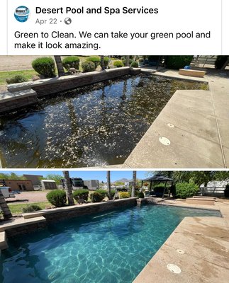 Green to Clean Pool Cleaning - Desert Pool and Spa Services Presents: Green to Clean!
Don't let algae take over your desert oasis! Trust Desert Pool and Spa Services to transform your green pool into a crystal-clear paradise. Our expert technicians specialize in tackling even the toughest algae infestations with eco-friendly solutions. From scrubbing to sanitizing, we'll restore your pool to its former glory, so you can relax and enjoy your desert retreat. Say goodbye to green and hello to pristine with Desert Pool and Spa Services. Contact us today to schedule your green-to-clean transformation! Green to Clean Pool Cleaning - Desert Pool and Spa Services Presents: Green to Clean!
Don't let algae take over your desert oasis! Trust Desert Pool and Spa Services to transform your green pool into a crystal-clear paradise. Our expert technicians specialize in tackling even the toughest algae infestations with eco-friendly solutions. From scrubbing to sanitizing, we'll restore your pool to its former glory, so you can relax and enjoy your desert retreat. Say goodbye to green and hello to pristine with Desert Pool and Spa Services. Contact us today to schedule your green-to-clean transformation!