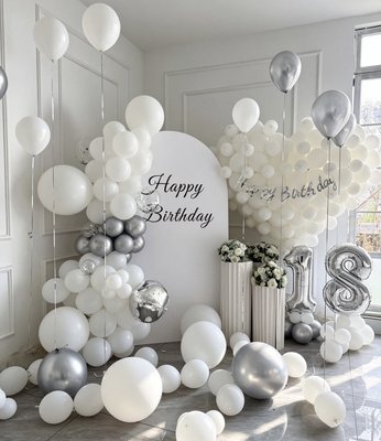 Elegant Silver & White Birthday Setup package - With soft white tones paired with metallic silver accents, this setup creates a sophisticated backdrop that’s perfect for both intimate gatherings and stylish celebrations.
* Organic balloon garland in white & silver tones
* Premium round backdrop with custom message (“Happy Birthday” or personalized text)
* Balloon clusters and floor styling
*Number balloons (custom age)
* Decorative floral accents