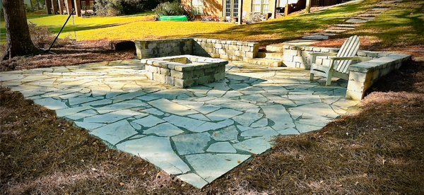 Piedmont Patio and Fire Pit - This is a 20’x20’ Flagstone Patio with a matching Steppingstone Walkway and Cut Stone Stairs. Accompanied by a Stonegate:Glacier Seat Wall with matching Custom Fire Pit! Piedmont Patio and Fire Pit - This is a 20’x20’ Flagstone Patio with a matching Steppingstone Walkway and Cut Stone Stairs. Accompanied by a Stonegate:Glacier Seat Wall with matching Custom Fire Pit!