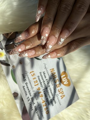 Nails services, Organic Pedicures - Our services include acrylic full set, dipping powder, gel nails,..and some special nail arts such as cat eye, chrome, ombre, acrylic glow in the dark... Our top priority to give customers the best quality of our products and services. With any services of manicure such as gel manicure, dipping powder, or acrylic... we guarantee any customers come to our shop with any problem within 10 days to come back and fix with no extra charge. Also, pedicures is one of outstanding service in our salon. By giving customers the best product quality and sanitary, we use the liner for cover the tub, one time use buffer, files, pumices...and organic ingredients for pedicure (fresh orange pedicure, fresh cucumber pedicure, milk&honey pedicure, collagen pedicure...) We also offer customers with complimantary drink( water, soda, champagn, wine, juice...), so come to join and pamper yourself at Luv nails&spa! Nails services, Organic Pedicures - Our services include acrylic full set, dipping powder, gel nails,..and some special nail arts such as cat eye, chrome, ombre, acrylic glow in the dark... Our top priority to give customers the best quality of our products and services. With any services of manicure such as gel manicure, dipping powder, or acrylic... we guarantee any customers come to our shop with any problem within 10 days to come back and fix with no extra charge. Also, pedicures is one of outstanding service in our salon. By giving customers the best product quality and sanitary, we use the liner for cover the tub, one time use buffer, files, pumices...and organic ingredients for pedicure (fresh orange pedicure, fresh cucumber pedicure, milk&honey pedicure, collagen pedicure...) We also offer customers with complimantary drink( water, soda, champagn, wine, juice...), so come to join and pamper yourself at Luv nails&spa!