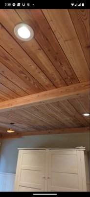 Crate and Barrel Kitchen Facelift job. - This Project was for Crate and Barrel, They did a Kitchen facelift and we provided the Surface prep. We stripped the ceiling of the old shellac coating to expose the Fir boards for a reclaimed lumber look.