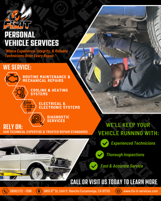 Your Vehicle Deserves Expert Care 🚗✨ - Your vehicle deserves care that keeps it running safely, smoothly, and reliably—every single day. 🚗✨ At FIX IT, we specialize in Personal Vehicle services designed to keep you on the road with confidence. From routine maintenance like an oil change to advanced diagnostics and repairs, our team is here to make sure your car performs at its best. Book your appointment today and experience the peace of mind that comes with knowing your vehicle is in expert hands. Let us help you drive safe, drive smart, and drive happy. 💪🔧 Your Vehicle Deserves Expert Care 🚗✨ - Your vehicle deserves care that keeps it running safely, smoothly, and reliably—every single day. 🚗✨ At FIX IT, we specialize in Personal Vehicle services designed to keep you on the road with confidence. From routine maintenance like an oil change to advanced diagnostics and repairs, our team is here to make sure your car performs at its best. Book your appointment today and experience the peace of mind that comes with knowing your vehicle is in expert hands. Let us help you drive safe, drive smart, and drive happy. 💪🔧