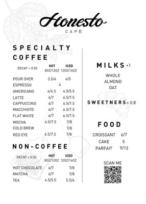 Honesto Café coffee shop Menu - Full menu with hot and iced drinks!