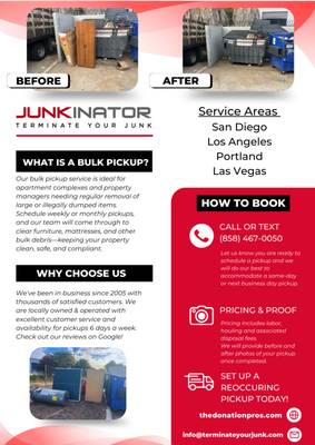 Bulk Pickups - Good for Property Management! - Our bulk pickup service is ideal for apartment complexes and property managers needing regular removal of large or illegally dumped items. Schedule weekly or monthly pickups, and our team will come through to clear furniture, mattresses, and other bulk debris—keeping your property clean, safe, and compliant. Bulk Pickups - Good for Property Management! - Our bulk pickup service is ideal for apartment complexes and property managers needing regular removal of large or illegally dumped items. Schedule weekly or monthly pickups, and our team will come through to clear furniture, mattresses, and other bulk debris—keeping your property clean, safe, and compliant.