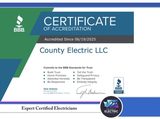 Expert Certified Electricians - Expert residential electrical solutions

We are your go-to electricians for all your residential needs

(5 Star Review) Ardith F. says about County Electric,
"Seth is topnotch as a professional in every way. An extremely talented electrician and likeable, respectful person, you won't be disappointed."

For the best Electric Panel Installations, EV Charging Stations, Generator Installations, Circuit Breakers, and General Electricians, book now with County Electric for the most trusted, dedicated, and well-respected professional electrician company in the greater Seattle area!

Why Choose Us?
Our reputation speaks for itself
We are proudly covered by Yelp guaranteed up to $2500 for your piece of mind
We are Wired for Success: Professional Electrical Installations and Repairs

Here at County Electric, our mission is to provide safe, reliable, and affordable electrical services to our community. We strive to exceed our customers' expectations by delivering quality workmanship and exceptional customer service. We stay in constant communication with our customers until the job is done.

Plus, as a family-owned and operated electrician company, you get treated like a neighbor and friend, not just another paycheck, and that’s a guarantee.