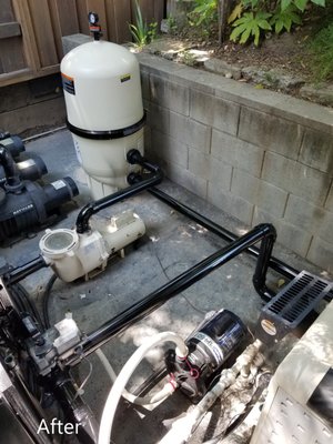 Replumb Equipment for more Efficient Water Flow - This equipment pad was poorly maintained and repaired over time. There were many spots where algae could grow due to lack of flow in the plumbing. Our technician replumbed the system so the flow was more efficient and there were no longer any spots that algae could hide and grow. Replumb Equipment for more Efficient Water Flow - This equipment pad was poorly maintained and repaired over time. There were many spots where algae could grow due to lack of flow in the plumbing. Our technician replumbed the system so the flow was more efficient and there were no longer any spots that algae could hide and grow.