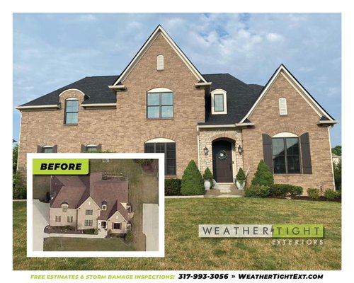 Before & After Photos - Indiana experiences storms every year that produce damage causing hail and wind. This damage to your roof and exteriors is unpredictable and unavoidable, and that’s why we have homeowners insurance. When hail hits a roof, the granules on the shingles become compromised. The weakened shingle then becomes vulnerable to the sun’s UV rays which can penetrate over time, eventually resulting in leaks.
Not sure if your home experienced enough damage to justify calling in a claim? We recommend a free inspection. Post-inspection we’ll share our findings with you and advise on the best way to proceed. If your property is found to be in good condition you can rest assured you had it inspected by a professional. Before & After Photos - Indiana experiences storms every year that produce damage causing hail and wind. This damage to your roof and exteriors is unpredictable and unavoidable, and that’s why we have homeowners insurance. When hail hits a roof, the granules on the shingles become compromised. The weakened shingle then becomes vulnerable to the sun’s UV rays which can penetrate over time, eventually resulting in leaks.
Not sure if your home experienced enough damage to justify calling in a claim? We recommend a free inspection. Post-inspection we’ll share our findings with you and advise on the best way to proceed. If your property is found to be in good condition you can rest assured you had it inspected by a professional.