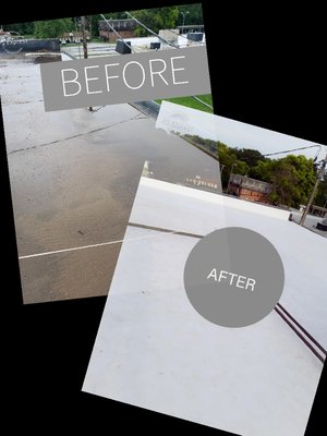 COMMERCIAL FLAT ROOFING INSTALLATION - This is what the roof look like after removal of the ballast from the EPDM material and but before our new installation  of TPO and new cove