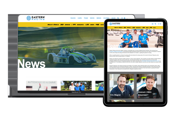 Eastern Racing Website - Eastern Racing is an established car racing team participating in multiple vehicle classes – all with winning results and intentions. Eastern Racing prides themselves on being passionate about making the incremental improvements that can add up to a win — Trinamic Digital applied this same train of thought to their website update project
Eastern Racing had some specific objectives for their new website that were met with the help of Trinamic Digital’s expertise.
– Stunning visual update to the look and feel of the site
– Integrated website race countdown timer showing next race
– Website blog functionality to broadcast race events, share media files and media mentions
– Integrated social media feed into website home page Eastern Racing Website - Eastern Racing is an established car racing team participating in multiple vehicle classes – all with winning results and intentions. Eastern Racing prides themselves on being passionate about making the incremental improvements that can add up to a win — Trinamic Digital applied this same train of thought to their website update project
Eastern Racing had some specific objectives for their new website that were met with the help of Trinamic Digital’s expertise.
– Stunning visual update to the look and feel of the site
– Integrated website race countdown timer showing next race
– Website blog functionality to broadcast race events, share media files and media mentions
– Integrated social media feed into website home page