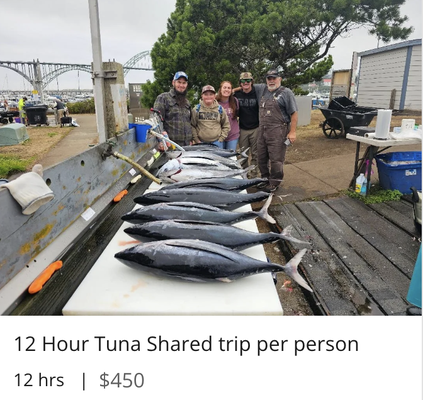 12 Hour Tuna Shared trip per person $450 - Tuna trips are a great day of fishing. You will target Tuna in deep waters and will be the best fight of your life when you hook one. Departing at 5am this is a true fishermen's dream. Trips are usually back to the dock by about 5pm with coolers full of excellent table fare. This is a shared trip with up to 6 people on board. 12 Hour Tuna Shared trip per person $450 - Tuna trips are a great day of fishing. You will target Tuna in deep waters and will be the best fight of your life when you hook one. Departing at 5am this is a true fishermen's dream. Trips are usually back to the dock by about 5pm with coolers full of excellent table fare. This is a shared trip with up to 6 people on board.