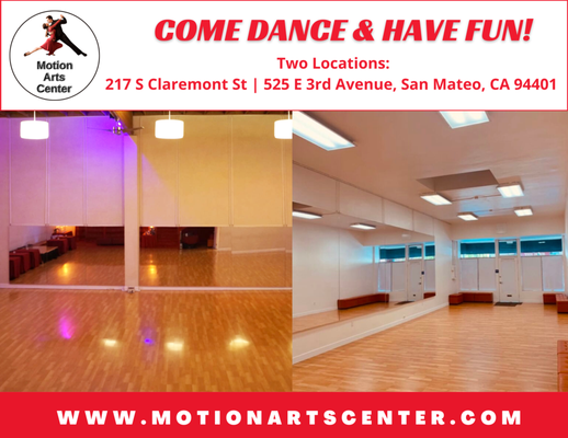 Two Locations in Downtown San Mateo - We have two beautiful state-of-the-art dance studios located in the great and vibrant downtown San Mateo, CA (between San Francisco and San Jose).
We invite you to come and enjoy a variety of dance and wellness group classes, private dance lessons & dance parties for all level students. Whether you are just starting to learn to dance or have some experience, join our wonderful community of dancers!
Our mission at MAC is to spread fun, love and healing through the power of dancing. Join us in making this world a place where people embrace each other one step at a time!
For class schedule, date and location please visit us at www.MotionArtsCenter.com
BigMac Location: 217 S Claremont St, San Mateo, CA
MiniMac Location: 525 E 3rd Avenue, San Mateo, CA Two Locations in Downtown San Mateo - We have two beautiful state-of-the-art dance studios located in the great and vibrant downtown San Mateo, CA (between San Francisco and San Jose).
We invite you to come and enjoy a variety of dance and wellness group classes, private dance lessons & dance parties for all level students. Whether you are just starting to learn to dance or have some experience, join our wonderful community of dancers!
Our mission at MAC is to spread fun, love and healing through the power of dancing. Join us in making this world a place where people embrace each other one step at a time!
For class schedule, date and location please visit us at www.MotionArtsCenter.com
BigMac Location: 217 S Claremont St, San Mateo, CA
MiniMac Location: 525 E 3rd Avenue, San Mateo, CA