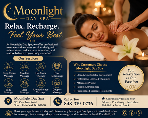 Sale in 2026 - ⭐ **Best Massage Spa in South Plainfield, NJ – Moonlight Day Spa** ⭐
Looking for the best massage near South Plainfield, Edison, Piscataway, Metuchen, or Plainfield? At **Moonlight Day Spa**, we provide professional massage therapy designed to help you relax, recover, and feel your best.
💆 Our Popular Services:
✅ Deep Tissue Massage
✅ Swedish Massage
✅ Hot Stone Therapy
✅ Foot Reflexology
✅ Sports Massage
✅ Aromatherapy Massage
✅ Couples Massage
✅ Traditional Tui Na Massage
Why choose Moonlight Day Spa?
✔ Licensed Massage Therapists
✔ Clean, Comfortable & Professional Environment
✔ Customized Treatments for Your Needs
✔ Convenient Location in South Plainfield
✔ Affordable Pricing & Special Promotions
Whether you're dealing with stress, muscle tension, neck pain, back pain, or simply need a relaxing escape, our experienced therapists are here to help.
📍 Moonlight Day Spa
901 Oak Tree Road, South Plainfield, NJ 07080
📞 Call Today to Book Your Appointment
**Top Local Search Keywords:**
Massage Near Me • Massage South Plainfield NJ • Deep Tissue Massage South Plainfield • Foot Massage Edison NJ • Best Massage Spa Near Me • Swedish Massage NJ • Hot Stone Massage South Plainfield • Couples Massage Near Me • Relaxation Massage Edison • Foot Reflexology NJ
🌟 Experience the difference at Moonlight Day Spa – where relaxation, wellness, and professional care come together.
#MoonlightDaySpa #MassageNearMe #SouthPlainfieldNJ #DeepTissueMassage #FootMassage #SwedishMassage Sale in 2026 - ⭐ **Best Massage Spa in South Plainfield, NJ – Moonlight Day Spa** ⭐
Looking for the best massage near South Plainfield, Edison, Piscataway, Metuchen, or Plainfield? At **Moonlight Day Spa**, we provide professional massage therapy designed to help you relax, recover, and feel your best.
💆 Our Popular Services:
✅ Deep Tissue Massage
✅ Swedish Massage
✅ Hot Stone Therapy
✅ Foot Reflexology
✅ Sports Massage
✅ Aromatherapy Massage
✅ Couples Massage
✅ Traditional Tui Na Massage
Why choose Moonlight Day Spa?
✔ Licensed Massage Therapists
✔ Clean, Comfortable & Professional Environment
✔ Customized Treatments for Your Needs
✔ Convenient Location in South Plainfield
✔ Affordable Pricing & Special Promotions
Whether you're dealing with stress, muscle tension, neck pain, back pain, or simply need a relaxing escape, our experienced therapists are here to help.
📍 Moonlight Day Spa
901 Oak Tree Road, South Plainfield, NJ 07080
📞 Call Today to Book Your Appointment
**Top Local Search Keywords:**
Massage Near Me • Massage South Plainfield NJ • Deep Tissue Massage South Plainfield • Foot Massage Edison NJ • Best Massage Spa Near Me • Swedish Massage NJ • Hot Stone Massage South Plainfield • Couples Massage Near Me • Relaxation Massage Edison • Foot Reflexology NJ
🌟 Experience the difference at Moonlight Day Spa – where relaxation, wellness, and professional care come together.
#MoonlightDaySpa #MassageNearMe #SouthPlainfieldNJ #DeepTissueMassage #FootMassage #SwedishMassage