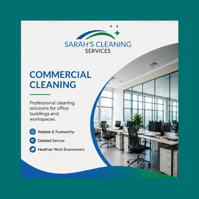 Commercial Cleaning - A clean office is a productive office! Sarah’s Cleaning Services keeps your workplace spotless, organized, and welcoming for employees and clients alike. Our reliable team works around your schedule to minimize disruption, ensuring desks are tidy, common areas shine, and restrooms are fresh. We handle the details—so you can focus on business. Commercial Cleaning - A clean office is a productive office! Sarah’s Cleaning Services keeps your workplace spotless, organized, and welcoming for employees and clients alike. Our reliable team works around your schedule to minimize disruption, ensuring desks are tidy, common areas shine, and restrooms are fresh. We handle the details—so you can focus on business.