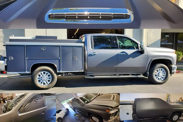 2021 Chevy 2500HD Color Change Wrap - This Client is far from "Ordinary", even the work truck has swagger! Kreate Ink supplied just the right color, Avery Matte Metallic Gunmetal to make this an "HD with an Attitude"! The best part about it was the details, wrapping the Utility box, all for an extremely competitive price.