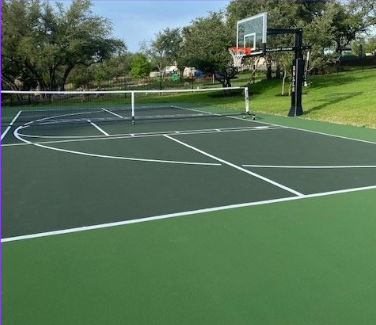 Pickleball/basketball 1/2 court, Liberty Hill - Gorgeous Green(s) pickleball/basketball 1/2 court with an FCH664XL Hoop system (60" backboard). Pickleball/basketball 1/2 court, Liberty Hill - Gorgeous Green(s) pickleball/basketball 1/2 court with an FCH664XL Hoop system (60" backboard).