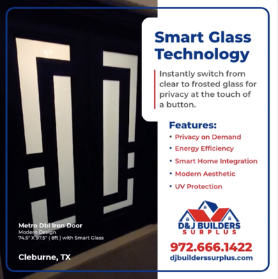 Smart Glass Smart Home Technology - "Upgrade Your smart home with a modern double iron door from D&J Builders Surplus! Featuring Smart Glass that switches from clear to frosted at the touch of a button, it’s perfect for privacy and style. Discover unbelievable savings and unmatched service from the Iron Door King of the South!"
WATCH SMART GLASS TECHNOLOGY VIDEO https://youtube.com/shorts/O64Pj4kbq5o
• Enhanced Privacy on Demand: Instantly switch from clear to frosted glass for privacy at the touch of a button.
• Energy Efficiency: Helps regulate indoor temperatures by reducing heat and glare from sunlight.
• Smart Home Integration: Easily connects to your smart home system for seamless control via apps or voice commands.
• Modern Aesthetic: Combines sleek design with cutting-edge technology for a stylish, contemporary look.
• UV Protection: Blocks harmful UV rays while allowing natural light to illuminate your space.
• Low Maintenance: Durable and easy to clean, offering long-lasting performance.
What else do you need? D&J Builders Surplus
Our phone number it's: 972.666.1422 or we have other ways (100% Financing, Lay-a-Way, Rewards Club, Vendor Portal) to connect and save sitemap: linktr.ee/lovemydoors
D&J Builders Surplus provides iron doors, delivery, and installation for North Texas homebuilder's and they save $1,000s of dollars with us.
djbuilderssurplus.com
972.666.1422
LAY-A-WAY
100% FINANCING AVAILABLE
OPEN EVERY DAY
CUSTOM IRON DOORS AVAILABLE
DOOR INSTALLATION
NO HASSLE ALL LOVE
#savemoney #smarthomes #lovemydoors #builderssurplus #homedesign #homebuilders #construction #residentialhomes #homearchitecture #sayless Smart Glass Smart Home Technology - "Upgrade Your smart home with a modern double iron door from D&J Builders Surplus! Featuring Smart Glass that switches from clear to frosted at the touch of a button, it’s perfect for privacy and style. Discover unbelievable savings and unmatched service from the Iron Door King of the South!"
WATCH SMART GLASS TECHNOLOGY VIDEO https://youtube.com/shorts/O64Pj4kbq5o
• Enhanced Privacy on Demand: Instantly switch from clear to frosted glass for privacy at the touch of a button.
• Energy Efficiency: Helps regulate indoor temperatures by reducing heat and glare from sunlight.
• Smart Home Integration: Easily connects to your smart home system for seamless control via apps or voice commands.
• Modern Aesthetic: Combines sleek design with cutting-edge technology for a stylish, contemporary look.
• UV Protection: Blocks harmful UV rays while allowing natural light to illuminate your space.
• Low Maintenance: Durable and easy to clean, offering long-lasting performance.
What else do you need? D&J Builders Surplus
Our phone number it's: 972.666.1422 or we have other ways (100% Financing, Lay-a-Way, Rewards Club, Vendor Portal) to connect and save sitemap: linktr.ee/lovemydoors
D&J Builders Surplus provides iron doors, delivery, and installation for North Texas homebuilder's and they save $1,000s of dollars with us.
djbuilderssurplus.com
972.666.1422
LAY-A-WAY
100% FINANCING AVAILABLE
OPEN EVERY DAY
CUSTOM IRON DOORS AVAILABLE
DOOR INSTALLATION
NO HASSLE ALL LOVE
#savemoney #smarthomes #lovemydoors #builderssurplus #homedesign #homebuilders #construction #residentialhomes #homearchitecture #sayless