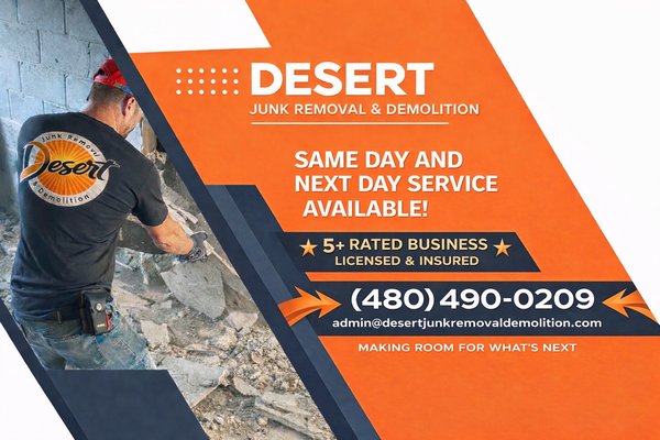 Before and After Junk Removal!
Same Day & Next Day Service Available! - Desert Junk Removal & Demolition offers fast, reliable junk hauling and demolition services in all of Maricopa County. Same-day and next-day appointments available—let us help you clear out clutter and reclaim your space! Before and After Junk Removal!
Same Day & Next Day Service Available! - Desert Junk Removal & Demolition offers fast, reliable junk hauling and demolition services in all of Maricopa County. Same-day and next-day appointments available—let us help you clear out clutter and reclaim your space!