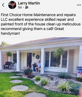 Porch repair and paint - 4 years is what it took before this job was finally done right for these homeowners. Several companies had given them the run around and left them with unsatisfactory work done. They reached out to us and we got it done right, the first time! This home had some trim that wasn’t installed and sealed properly causing it to warp and have gaps. I went in and repaired and resealed before adding some fresh paint which really turned out nice. The homeowners were super cool and we look forward to helping with any projects they may have in the future. They shared our work on their Facebook page along with some kind words. We appreciate all of our customers and truly enjoy taking care of your home maintenance needs! Porch repair and paint - 4 years is what it took before this job was finally done right for these homeowners. Several companies had given them the run around and left them with unsatisfactory work done. They reached out to us and we got it done right, the first time! This home had some trim that wasn’t installed and sealed properly causing it to warp and have gaps. I went in and repaired and resealed before adding some fresh paint which really turned out nice. The homeowners were super cool and we look forward to helping with any projects they may have in the future. They shared our work on their Facebook page along with some kind words. We appreciate all of our customers and truly enjoy taking care of your home maintenance needs!