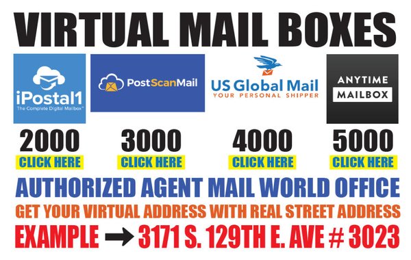 special offer for new private mailbox services - looking for new address with real street address, please click on links for the following. Our call us at 918-814-2310 To get started today.