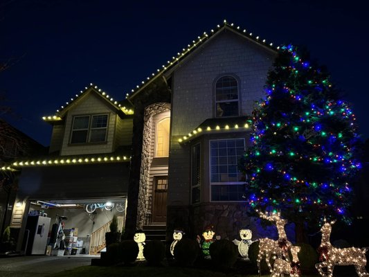 Warm White Roofline and Tree Wrap - One of our favorite installs last season featured a glowing warm white roofline paired with a vibrant multi-color tree wrap. The clean, elegant roofline lighting framed the home perfectly, while the colorful tree created a festive centerpiece full of holiday cheer. The mix of classic elegance and playful colors gave the display the perfect holiday balance — warm, inviting, and eye-catching for the whole neighborhood.
As with all our work, it was all-inclusive: we provided the lights, handled installation, season-long maintenance, safe removal, and storage. Warm White Roofline and Tree Wrap - One of our favorite installs last season featured a glowing warm white roofline paired with a vibrant multi-color tree wrap. The clean, elegant roofline lighting framed the home perfectly, while the colorful tree created a festive centerpiece full of holiday cheer. The mix of classic elegance and playful colors gave the display the perfect holiday balance — warm, inviting, and eye-catching for the whole neighborhood.
As with all our work, it was all-inclusive: we provided the lights, handled installation, season-long maintenance, safe removal, and storage.