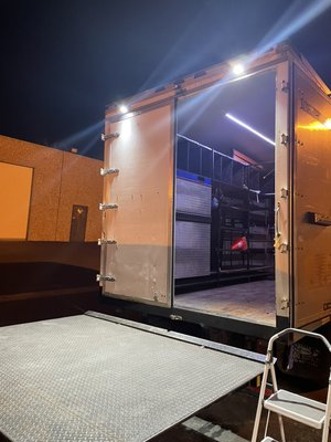 Commerical lighting project - This was a fun one. A customer asked for more light inside their box truck. Ended up installing 9ft of LED flush mounted into the roof and two flood lamps on the exterior to light up the loading ramp. Commerical lighting project - This was a fun one. A customer asked for more light inside their box truck. Ended up installing 9ft of LED flush mounted into the roof and two flood lamps on the exterior to light up the loading ramp.