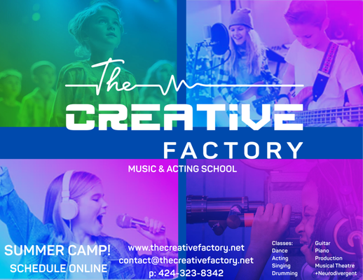 Summer Camps! - Creative Arts Summer Camp at The Creative Factory. Where Imagination Takes Center Stage! Join us for an unforgettable summer of creativity, confidence, and self-expression! At The Creative Factory’s Summer Camp, kids dive into a dynamic mix of singing, music, acting, and dancing—all in one exciting program. Whether your child is a budding Broadway star, a future pop singer, or just loves to move and make noise, this camp provides a welcoming space for every kind of creative spirit. Campers will: Learn vocal techniques and perform fun group songs Explore rhythm and instruments through hands-on music sessions Act out scenes and play drama games that build confidence and collaboration Dance across genres from hip hop to musical theatre and everything in between Kids will choose a final creative project to record on Friday and share with the whole family! Summer Camps! - Creative Arts Summer Camp at The Creative Factory. Where Imagination Takes Center Stage! Join us for an unforgettable summer of creativity, confidence, and self-expression! At The Creative Factory’s Summer Camp, kids dive into a dynamic mix of singing, music, acting, and dancing—all in one exciting program. Whether your child is a budding Broadway star, a future pop singer, or just loves to move and make noise, this camp provides a welcoming space for every kind of creative spirit. Campers will: Learn vocal techniques and perform fun group songs Explore rhythm and instruments through hands-on music sessions Act out scenes and play drama games that build confidence and collaboration Dance across genres from hip hop to musical theatre and everything in between Kids will choose a final creative project to record on Friday and share with the whole family!