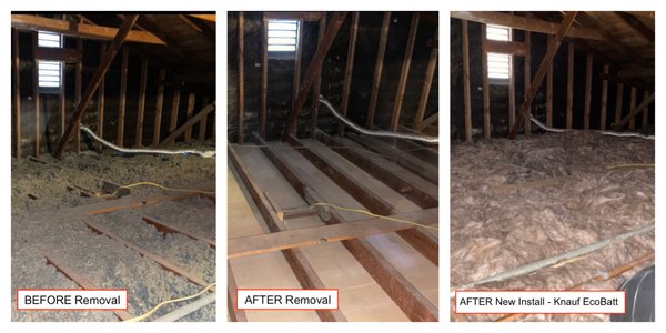 Full Attic Removal & Replacement w/ R-38 Fiberglass Batt insulation - Full Attic Removal & Replacement w/ R-38 Fiberglass Batt insulation
Pictures show the before and after of a full attic removal/replacement job. We started with a manual removal of all old debri/trash etc. Then we did a full vacuum/clean out with an industrial grade vacuum (end result - middle picture). Finally, we installed Knauf EcoBatt R-38 Fiberglass batts to entire attic space. Full Attic Removal & Replacement w/ R-38 Fiberglass Batt insulation - Full Attic Removal & Replacement w/ R-38 Fiberglass Batt insulation
Pictures show the before and after of a full attic removal/replacement job. We started with a manual removal of all old debri/trash etc. Then we did a full vacuum/clean out with an industrial grade vacuum (end result - middle picture). Finally, we installed Knauf EcoBatt R-38 Fiberglass batts to entire attic space.