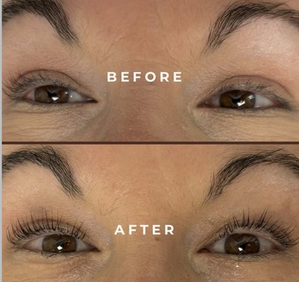 Lash Lift - a lash lift is a beauty treatment that lifts and curls your natural lashes, giving them a longer and fuller appearance without the need for extensions. The process involves lifting and setting your lashes in place, with an optimal tint for added definition. Results last 6-8 weeks, offering a low maintenance way to enhance your eyes