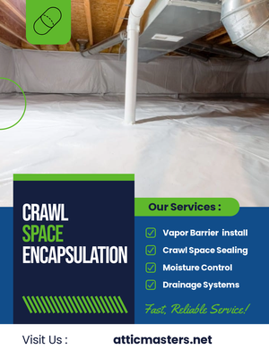 Crawl Space Encapsulation - We provide thorough cleaning of your crawl space, removing debris, moisture, mold, and pests. After cleaning, we install a high-quality vapor barrier to encapsulate the space, preventing moisture intrusion, reducing mold growth, and improving indoor air quality. Encapsulation also helps improve energy efficiency and protects your home’s foundation.
Trust Attic Masters for professional crawl space cleaning and encapsulation to create a healthier, safer, and more energy-efficient home. Crawl Space Encapsulation - We provide thorough cleaning of your crawl space, removing debris, moisture, mold, and pests. After cleaning, we install a high-quality vapor barrier to encapsulate the space, preventing moisture intrusion, reducing mold growth, and improving indoor air quality. Encapsulation also helps improve energy efficiency and protects your home’s foundation.
Trust Attic Masters for professional crawl space cleaning and encapsulation to create a healthier, safer, and more energy-efficient home.