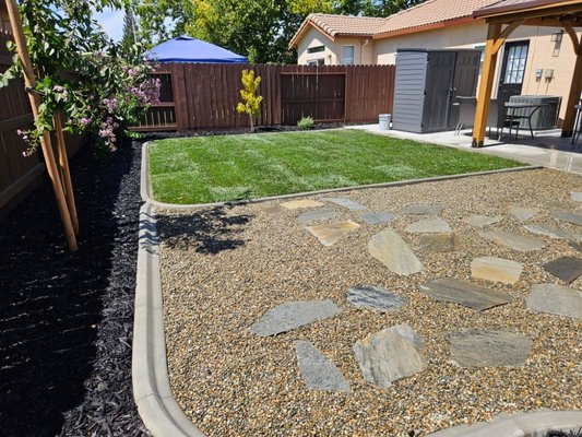 Landscaping Renovation - Backyard + Front yard - Front and backyard renovation with some new sprinkler system drip line high-low curb concrete, new sod , black chip bark and chinese pistache tree in the front crepe Myrtle on the back and with some Beautiful low maintenance plants in the back & front. Landscaping Renovation - Backyard + Front yard - Front and backyard renovation with some new sprinkler system drip line high-low curb concrete, new sod , black chip bark and chinese pistache tree in the front crepe Myrtle on the back and with some Beautiful low maintenance plants in the back & front.