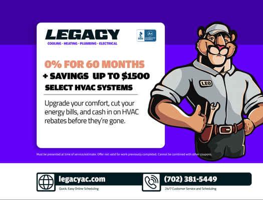 0% financing for 60 months - Upgrade your comfort, cut your energy bills, and cash in on HVAC rebates before they're gone. 0% financing for 60 months - Upgrade your comfort, cut your energy bills, and cash in on HVAC rebates before they're gone.