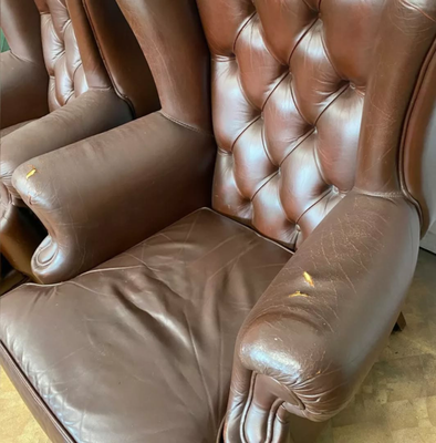 Armchair restoration - Two armchairs had damage in the form of scuffs, cuts, and faded color. All defects were repaired, and the chairs were re-dyed. A 1-year warranty is provided. Armchair restoration - Two armchairs had damage in the form of scuffs, cuts, and faded color. All defects were repaired, and the chairs were re-dyed. A 1-year warranty is provided.