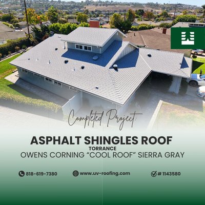 Shingle Roof Replacement – Torrance - Full roof replacement in Torrance using Owens Corning Duration Cool shingles.
Old plywood decking replaced, full tear-off completed, and new ventilation added.
This “Cool Roof” system meets California Title 24 standards and delivers modern energy efficiency with a clean, durable finish. Shingle Roof Replacement – Torrance - Full roof replacement in Torrance using Owens Corning Duration Cool shingles.
Old plywood decking replaced, full tear-off completed, and new ventilation added.
This “Cool Roof” system meets California Title 24 standards and delivers modern energy efficiency with a clean, durable finish.