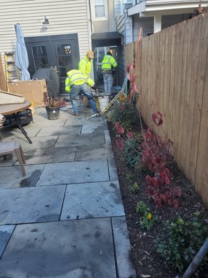 FENCING AND CARPENTRY - Flagstone in loose design with garden and fence w/gate FENCING AND CARPENTRY - Flagstone in loose design with garden and fence w/gate