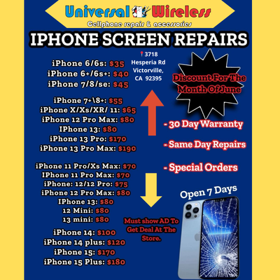 iPhone Screen repair prices - we repair all type of devices for the best ticket, in Victorville 30 day warranty in every repair and extra discounts.