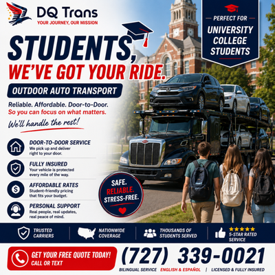 Student Auto Transport | We’ve Got Your Ride - Heading to college? We make vehicle shipping easy for students and families. Insured door-to-door auto transport with vetted carriers, driver contact information, pickup and delivery photos, and updates throughout the trip. Whether you're moving across the state or across the country, your car gets there safely while you focus on school. You’ve got enough to worry about—we’ve got your