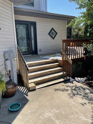 Half wrap around deck. - We pressured washed the deck before staining and performed some repairs on the deck boards. Once the deck dried up we were there prepping and staining. The job took 4 days total including the underneath deck. Half wrap around deck. - We pressured washed the deck before staining and performed some repairs on the deck boards. Once the deck dried up we were there prepping and staining. The job took 4 days total including the underneath deck.