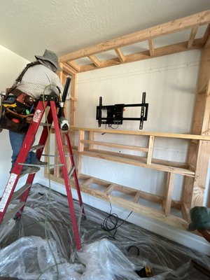 “Living room Media wall 2024” - Owner wanted an entertainment media wall for TV, sound bar & electric fireplace. She loved it & made it work to her liking. “Living room Media wall 2024” - Owner wanted an entertainment media wall for TV, sound bar & electric fireplace. She loved it & made it work to her liking.