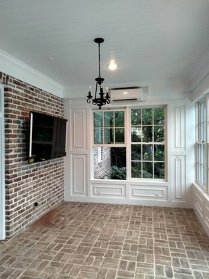 Closed in porch - This remodeling was done to bring more excitement to the porch for gatherings and set for comfort split unit custom TV and the option to open it up with four doors that slide for a wide opening and a Georgian them Closed in porch - This remodeling was done to bring more excitement to the porch for gatherings and set for comfort split unit custom TV and the option to open it up with four doors that slide for a wide opening and a Georgian them