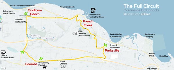Full Circuit Ride - An eBike ride between Parksville, Coombs, Qualicum Beach, and back to Parksville. Our ride of choice. Three to four hours, with lots to see and do on the way.
26 Km. 250 metre climb. About 2.5 hours. (But you need to add your off-spurs and loafing time!)