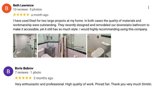 Testimonials from other resources. - We are a new company on YELP and we don't have any completed work from this site yet. To increase our credibility, we post testimonials from other places with real photos of projects.