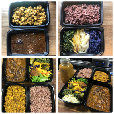 Vegan Meal Plans - Tired of cooking? Skip the kitchen for a couple days, or add some Veggie D’Light to your meals for the week. Our meal plans include individually packaged containers of the curry supreme with chickpeas & broad beans, our homemade jerk seitan, basmati brown rice with flax & quinoa, a side of organic veggies, and the Jamaican soup of the day. Shop online to plan in advance, we’re open weekends for pickup. Thank you. Vegan Meal Plans - Tired of cooking? Skip the kitchen for a couple days, or add some Veggie D’Light to your meals for the week. Our meal plans include individually packaged containers of the curry supreme with chickpeas & broad beans, our homemade jerk seitan, basmati brown rice with flax & quinoa, a side of organic veggies, and the Jamaican soup of the day. Shop online to plan in advance, we’re open weekends for pickup. Thank you.