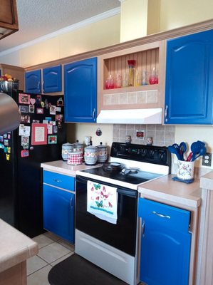 Blue kitchen cabinets - Prepped and painted kitchen cabinets and bathroom vanity