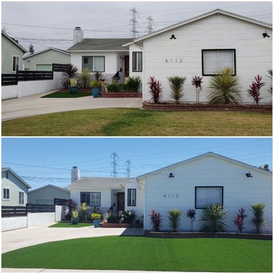 Before & After Front Yard - This project was done for a client wanting their lawn to be as beautiful as their house. We installed artificial turf along in the front yard as well as on the curb between the street and sidewalk. Before & After Front Yard - This project was done for a client wanting their lawn to be as beautiful as their house. We installed artificial turf along in the front yard as well as on the curb between the street and sidewalk.
