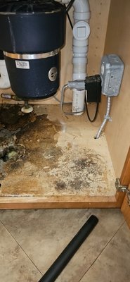 water damage repair. - After fixing the leak in the sink, we got rid of all the bad wood. Cleaned, and sealed any gaps. custom cut wood, and vinyl like new.