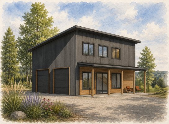 The Tepp Garage · Boat Garage and Bunkhouse, Pelican Lake - The Tepp Garage is a lake place workhorse on Pelican Lake. A garage sized for two large boats below, and a bunkhouse above for the kids and grandkids when they visit. One simple shed roofed volume on a five inch insulated slab, drawn as a complete concept set.

Two oversized bays swallow the boats, trailers and all, with a covered patio alongside for staging lake days. Upstairs is one open bunk room with a bath, lit by a band of windows under the high side of the shed roof. It sleeps a crowd in summer and stores gear all winter.

An insulated slab, efficient framing, and durable cladding give it an envelope that shrugs off north woods winters without fuss.

What the design service includes: concept design set, foundation and floor plans, exterior elevations, building section, and typical wall section and details.

Accessory buildings, garages, bunkhouses and ADUs across central and northern Wisconsin. Designed for you. Built for life.